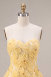 Yellow Sweetheart A-Line Beaded Pearls Floral Homecoming Dress with Ruffles