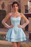 Strapless Blue Basque Waist A-Line Tiered Ruffled Corset Satin Homecoming Dress