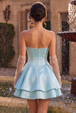 Strapless Blue Basque Waist A-Line Tiered Ruffled Corset Satin Homecoming Dress