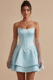 Strapless Blue Basque Waist A-Line Tiered Ruffled Corset Satin Homecoming Dress
