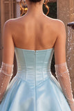 Strapless Blue Basque Waist A-Line Tiered Ruffled Corset Satin Homecoming Dress