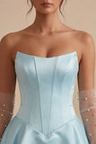 Strapless Blue Basque Waist A-Line Tiered Ruffled Corset Satin Homecoming Dress