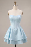 Strapless Blue Basque Waist A-Line Tiered Ruffled Corset Satin Homecoming Dress