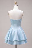 Strapless Blue Basque Waist A-Line Tiered Ruffled Corset Satin Homecoming Dress