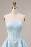 Strapless Blue Basque Waist A-Line Tiered Ruffled Corset Satin Homecoming Dress