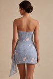 Strapless Blue Bodycon Corset Floral Embroidered Short Homecoming Dress with Sash