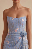 Strapless Blue Bodycon Corset Floral Embroidered Short Homecoming Dress with Sash