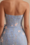Strapless Blue Bodycon Corset Floral Embroidered Short Homecoming Dress with Sash