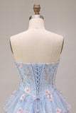 Blue A-Line Strapless Corset Floral Tiered Ruffled Basque Waist Homecoming Dress