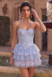 Blue A-Line Strapless Corset Floral Tiered Ruffled Basque Waist Homecoming Dress