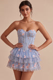 Blue A-Line Strapless Corset Floral Tiered Ruffled Basque Waist Homecoming Dress