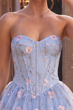 Blue A-Line Strapless Corset Floral Tiered Ruffled Basque Waist Homecoming Dress