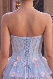 Blue A-Line Strapless Corset Floral Tiered Ruffled Basque Waist Homecoming Dress