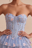 Blue A-Line Strapless Corset Floral Tiered Ruffled Basque Waist Homecoming Dress
