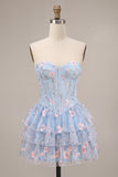 Blue A-Line Strapless Corset Floral Tiered Ruffled Basque Waist Homecoming Dress