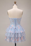 Blue A-Line Strapless Corset Floral Tiered Ruffled Basque Waist Homecoming Dress