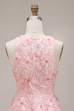 Pink A-Line Floral Round Neck Pearls Ruffled Homecoming Dress with Beading