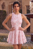 Pink A-Line Floral Round Neck Pearls Ruffled Homecoming Dress with Beading