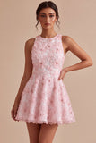 Pink A-Line Floral Round Neck Pearls Ruffled Homecoming Dress with Beading