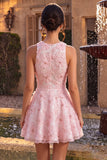 Pink A-Line Floral Round Neck Pearls Ruffled Homecoming Dress with Beading