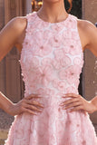 Pink A-Line Floral Round Neck Pearls Ruffled Homecoming Dress with Beading