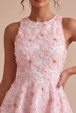 Pink A-Line Floral Round Neck Pearls Ruffled Homecoming Dress with Beading