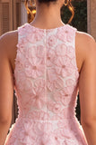 Pink A-Line Floral Round Neck Pearls Ruffled Homecoming Dress with Beading