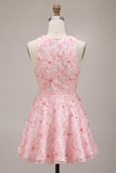 Pink A-Line Floral Round Neck Pearls Ruffled Homecoming Dress with Beading