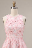 Pink A-Line Floral Round Neck Pearls Ruffled Homecoming Dress with Beading