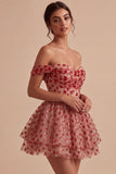 Off the Shoulder Red A-Line Sequins Corset Tiered Ruffled Homecoming Dress