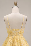 Yellow Floral A-Line Beaded Pearls Tiered Ruffled Short Homecoming Dress