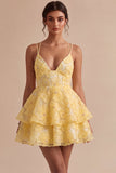 Yellow Floral A-Line Beaded Pearls Tiered Ruffled Short Homecoming Dress