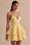 Yellow Floral A-Line Beaded Pearls Tiered Ruffled Short Homecoming Dress