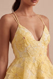 Yellow Floral A-Line Beaded Pearls Tiered Ruffled Short Homecoming Dress