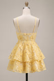 Yellow Floral A-Line Beaded Pearls Tiered Ruffled Short Homecoming Dress