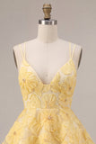 Yellow Floral A-Line Beaded Pearls Tiered Ruffled Short Homecoming Dress