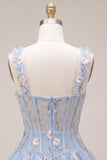 A-Line Blue Sheer Corset Floral Ruffled Bubble Hem Short Homecoming Dress