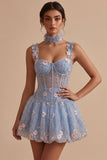 A-Line Blue Sheer Corset Floral Ruffled Bubble Hem Short Homecoming Dress