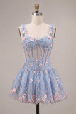 A-Line Blue Sheer Corset Floral Ruffled Bubble Hem Short Homecoming Dress