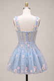 A-Line Blue Sheer Corset Floral Ruffled Bubble Hem Short Homecoming Dress