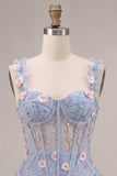 A-Line Blue Sheer Corset Floral Ruffled Bubble Hem Short Homecoming Dress