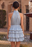 Blue Halter Neck A-Line Tiered Ruffled Short Homecoming Dress with Bubble Hem