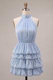 Blue Halter Neck A-Line Tiered Ruffled Short Homecoming Dress with Bubble Hem
