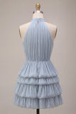 Blue Halter Neck A-Line Tiered Ruffled Short Homecoming Dress with Bubble Hem