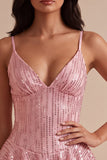 A-Line Pink Tiered Ruffled Sequins Short Homecoming Dress