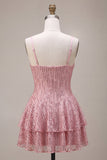 A-Line Pink Tiered Ruffled Sequins Short Homecoming Dress