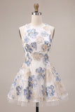 A-Line Ruffled White Plum Flower Jacquard Short Homecoming Dress