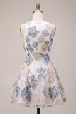 A-Line Ruffled White Plum Flower Jacquard Short Homecoming Dress