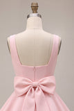 Pink A-Line Ruffled Square Neck Tiered Short Cocktail Dress with Bow