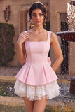 Pink A-Line Ruffled Square Neck Tiered Short Cocktail Dress with Bow